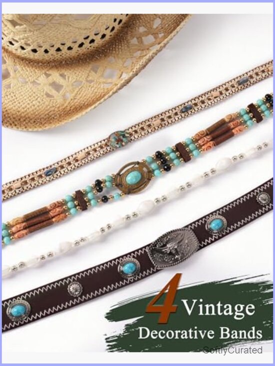 Straw Cowboy Hat with 4 Interchangeable Bands Stiff Wide Brim Western Style main image 7